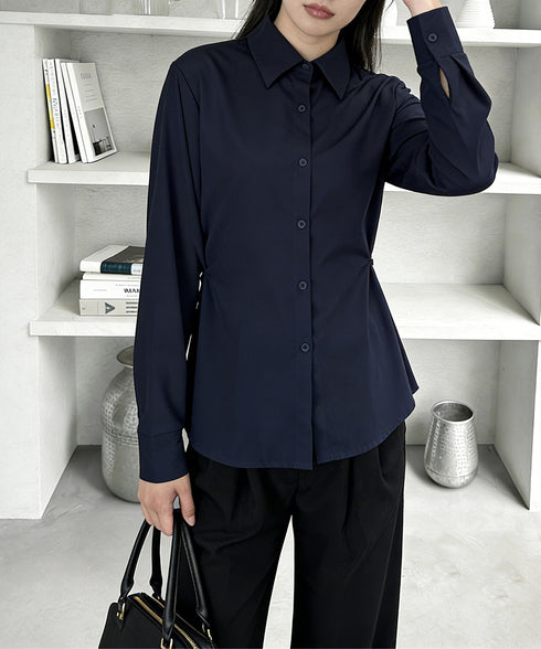 サイドボタンタックシャツブラウス長袖春服 レディース オフィスカジュアル シャツ ウエストシェイプ ブラウス 襟付き 着やせトップス おしゃれ 秋服 30代40代 24TPS-079