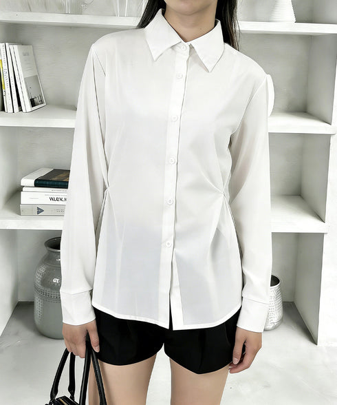 サイドボタンタックシャツブラウス長袖春服 レディース オフィスカジュアル シャツ ウエストシェイプ ブラウス 襟付き 着やせトップス おしゃれ 秋服 30代40代 24TPS-079