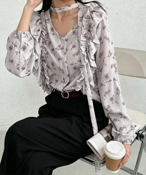 フリル花柄シャツブラウス リボンタイ付き ブラウス Vネック 大人可愛いトップス レディース きれいめブラウス お洒落 着やせトップス 大人女性 前開きトップス 24TPS-080