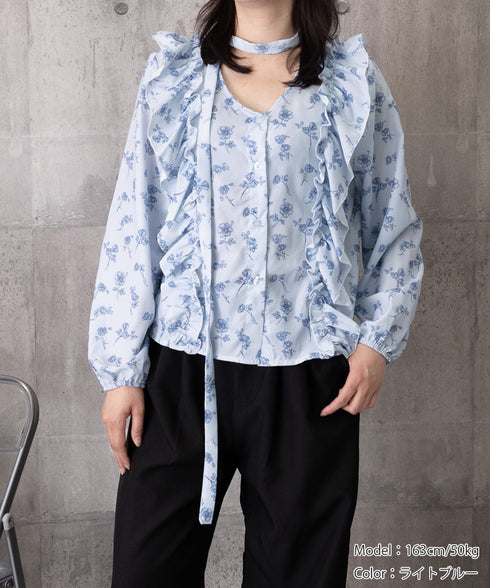 フリル花柄シャツブラウス リボンタイ付き ブラウス Vネック 大人可愛いトップス レディース きれいめブラウス お洒落 着やせトップス 大人女性 前開きトップス 24TPS-080