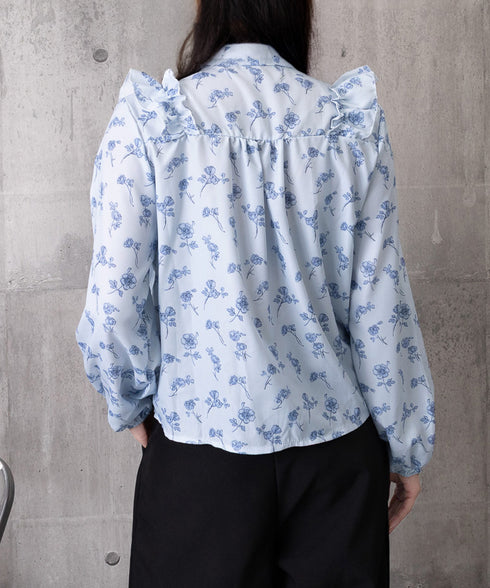 フリル花柄シャツブラウス リボンタイ付き ブラウス Vネック 大人可愛いトップス レディース きれいめブラウス お洒落 着やせトップス 大人女性 前開きトップス 24TPS-080
