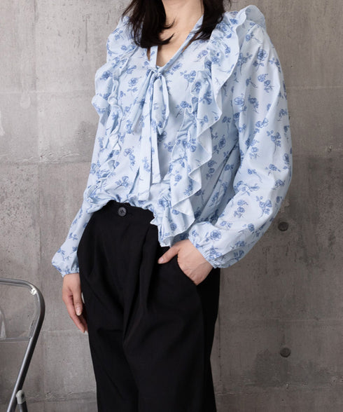 フリル花柄シャツブラウス リボンタイ付き ブラウス Vネック 大人可愛いトップス レディース きれいめブラウス お洒落 着やせトップス 大人女性 前開きトップス 24TPS-080