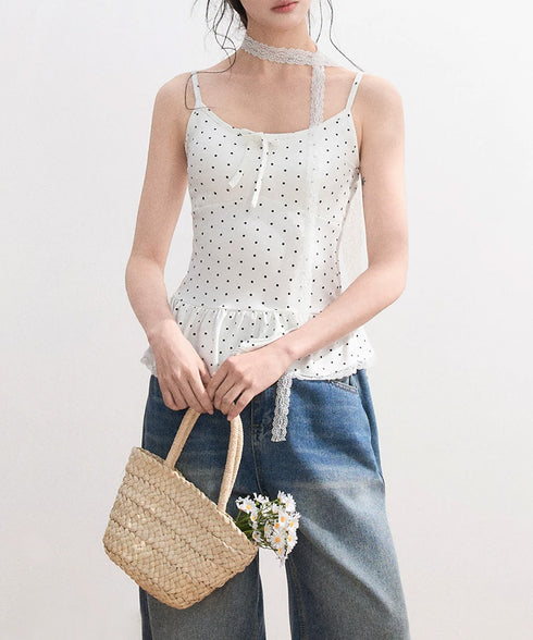 ドット柄キャミソール レースタイ付き夏服 レディース カップ付き インナーキャミ 裾フリル フェミニンキャミトップス フロントリボン スリムフィットキャミ 韓国風 24TPS-083