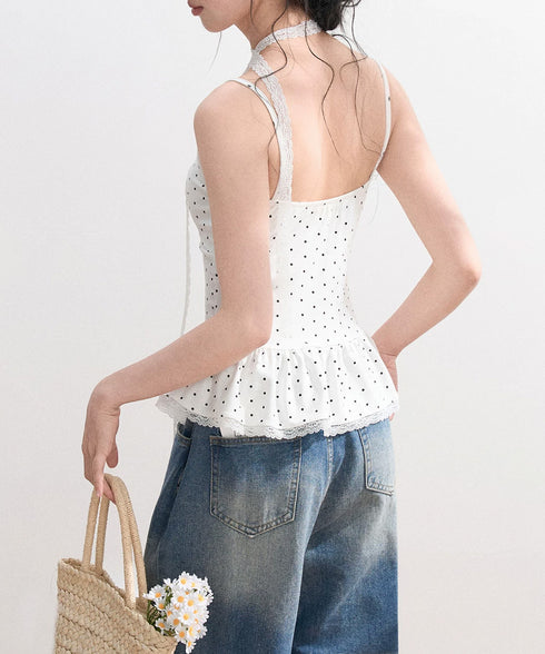 ドット柄キャミソール レースタイ付き夏服 レディース カップ付き インナーキャミ 裾フリル フェミニンキャミトップス フロントリボン スリムフィットキャミ 韓国風 24TPS-083
