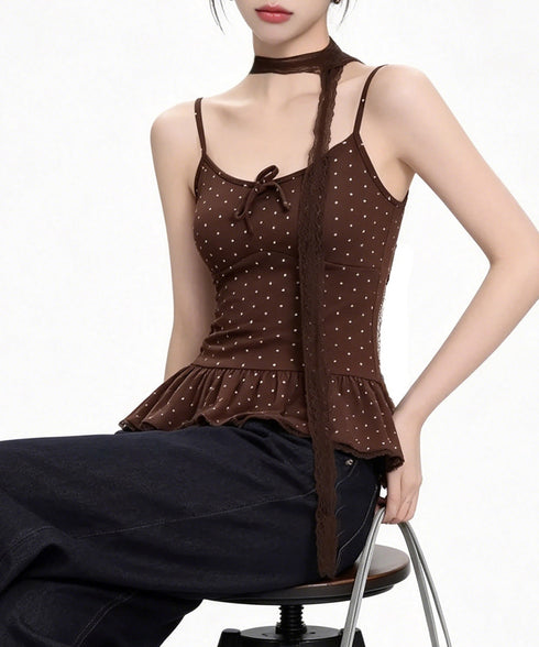 ドット柄キャミソール レースタイ付き夏服 レディース カップ付き インナーキャミ 裾フリル フェミニンキャミトップス フロントリボン スリムフィットキャミ 韓国風 24TPS-083