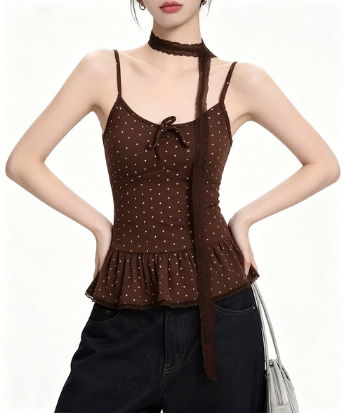 ドット柄キャミソール レースタイ付き夏服 レディース カップ付き インナーキャミ 裾フリル フェミニンキャミトップス フロントリボン スリムフィットキャミ 韓国風 24TPS-083