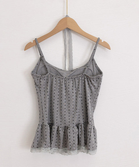 ドット柄キャミソール レースタイ付き夏服 レディース カップ付き インナーキャミ 裾フリル フェミニンキャミトップス フロントリボン スリムフィットキャミ 韓国風 24TPS-083