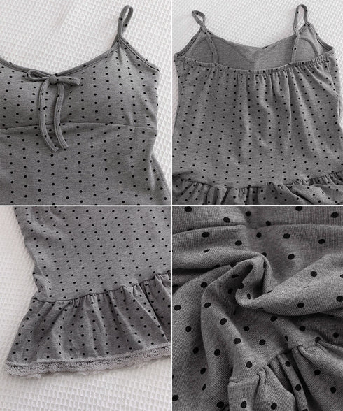 ドット柄キャミソール レースタイ付き夏服 レディース カップ付き インナーキャミ 裾フリル フェミニンキャミトップス フロントリボン スリムフィットキャミ 韓国風 24TPS-083