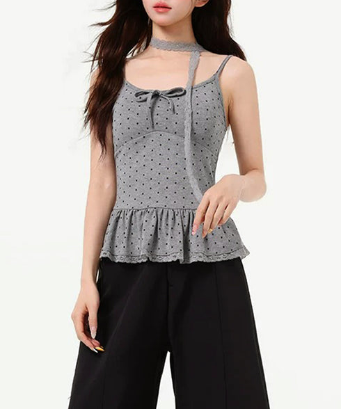 ドット柄キャミソール レースタイ付き夏服 レディース カップ付き インナーキャミ 裾フリル フェミニンキャミトップス フロントリボン スリムフィットキャミ 韓国風 24TPS-083
