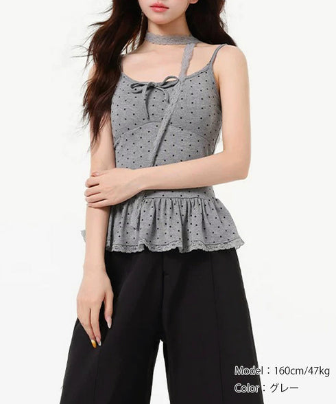 ドット柄キャミソール レースタイ付き夏服 レディース カップ付き インナーキャミ 裾フリル フェミニンキャミトップス フロントリボン スリムフィットキャミ 韓国風 24TPS-083