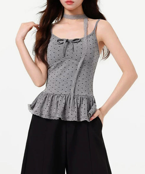 ドット柄キャミソール レースタイ付き夏服 レディース カップ付き インナーキャミ 裾フリル フェミニンキャミトップス フロントリボン スリムフィットキャミ 韓国風 24TPS-083