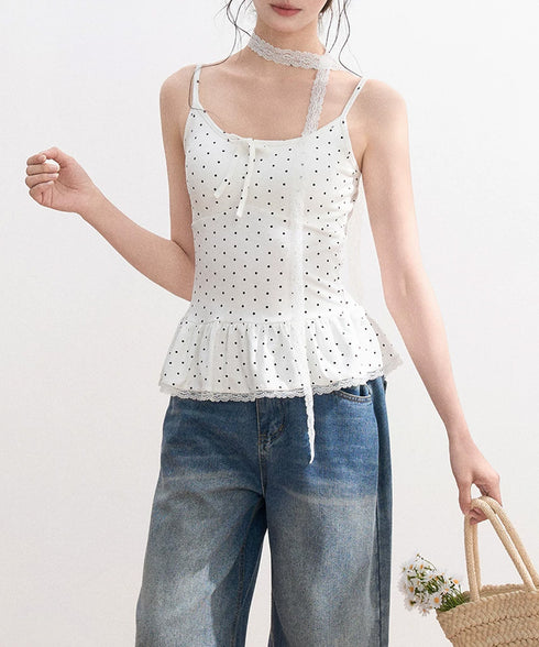 ドット柄キャミソール レースタイ付き夏服 レディース カップ付き インナーキャミ 裾フリル フェミニンキャミトップス フロントリボン スリムフィットキャミ 韓国風 24TPS-083