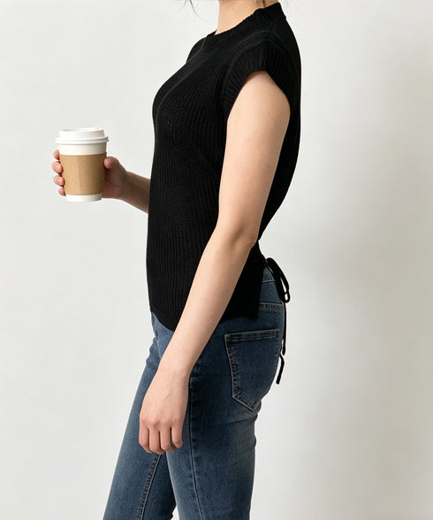 サマーニット バックリボン透け感トップス レディース 大人可愛い薄手ニット ラウンドネック 透かし編みトップス 韓国風涼しいニット カジュアル 春夏プルオーバー 24TPS-085