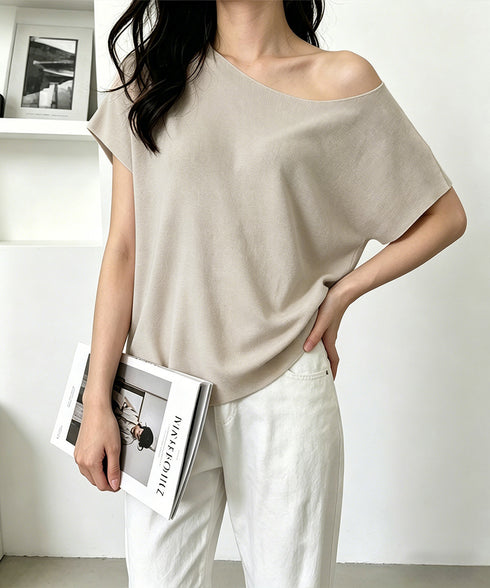 サマーニットトップス ワンショルダー夏服 レディース カジュアル ニットトップス 体型カバー ニットソー シンプル 夏トップス 無地大人カットソー 着回しトップス 24TPS-086