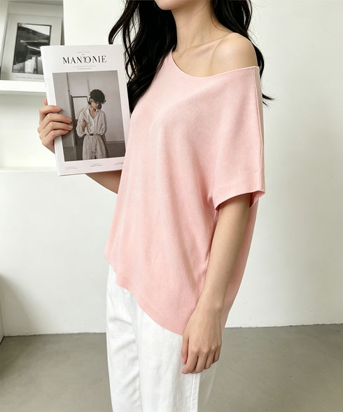 サマーニットトップス ワンショルダー夏服 レディース カジュアル ニットトップス 体型カバー ニットソー シンプル 夏トップス 無地大人カットソー 着回しトップス 24TPS-086