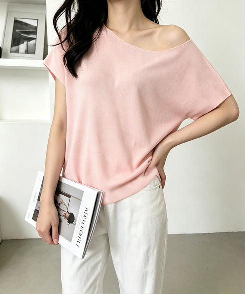 サマーニットトップス ワンショルダー夏服 レディース カジュアル ニットトップス 体型カバー ニットソー シンプル 夏トップス 無地大人カットソー 着回しトップス 24TPS-086