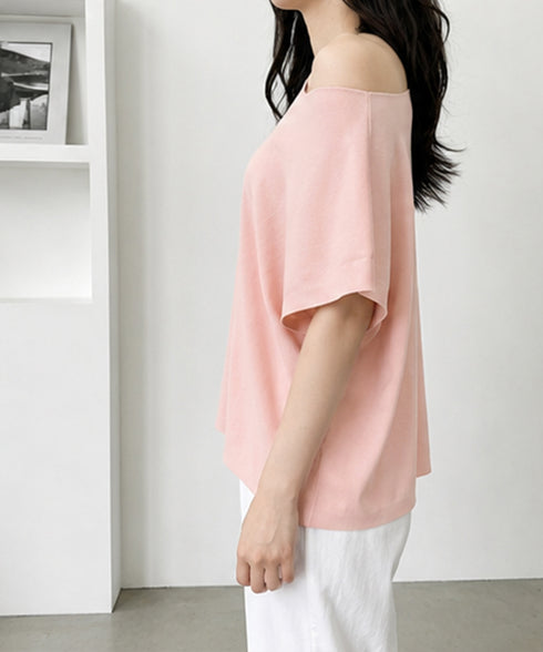 サマーニットトップス ワンショルダー夏服 レディース カジュアル ニットトップス 体型カバー ニットソー シンプル 夏トップス 無地大人カットソー 着回しトップス 24TPS-086