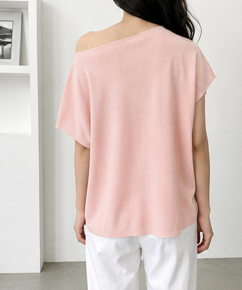 サマーニットトップス ワンショルダー夏服 レディース カジュアル ニットトップス 体型カバー ニットソー シンプル 夏トップス 無地大人カットソー 着回しトップス 24TPS-086