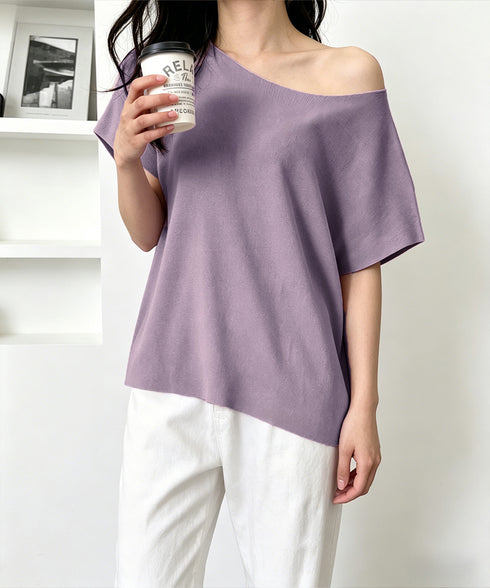 サマーニットトップス ワンショルダー夏服 レディース カジュアル ニットトップス 体型カバー ニットソー シンプル 夏トップス 無地大人カットソー 着回しトップス 24TPS-086