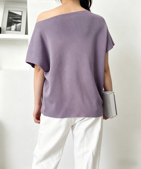 サマーニットトップス ワンショルダー夏服 レディース カジュアル ニットトップス 体型カバー ニットソー シンプル 夏トップス 無地大人カットソー 着回しトップス 24TPS-086