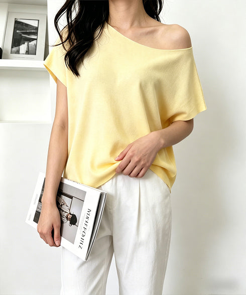 サマーニットトップス ワンショルダー夏服 レディース カジュアル ニットトップス 体型カバー ニットソー シンプル 夏トップス 無地大人カットソー 着回しトップス 24TPS-086