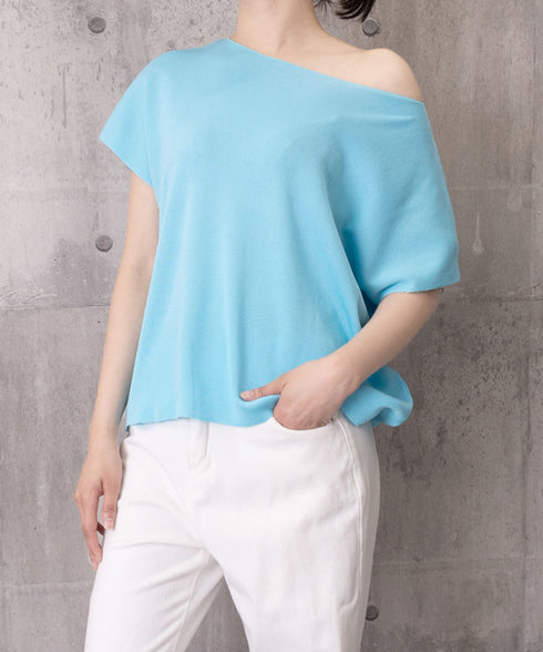サマーニットトップス ワンショルダー夏服 レディース カジュアル ニットトップス 体型カバー ニットソー シンプル 夏トップス 無地大人カットソー 着回しトップス 24TPS-086