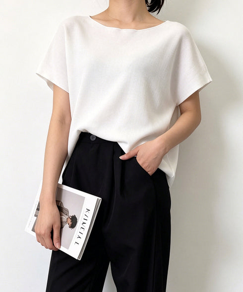 サマーニットトップス ワンショルダー夏服 レディース カジュアル ニットトップス 体型カバー ニットソー シンプル 夏トップス 無地大人カットソー 着回しトップス 24TPS-086