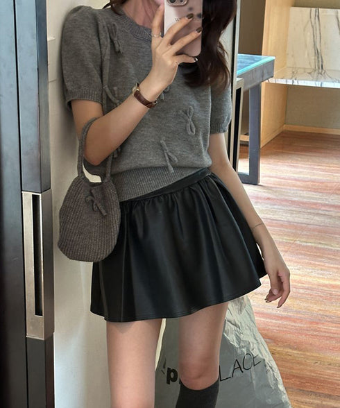 リボン付きニットトップスクルーネック夏服 レディース 大人可愛いニットセーター コンパクト 半袖ニットソー 韓国風 ニットトップ パフスリーブ 着やせ夏トップス 24TPS-088