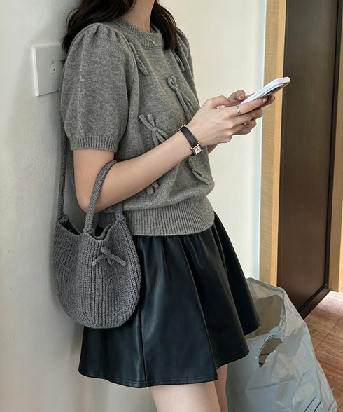 リボン付きニットトップスクルーネック夏服 レディース 大人可愛いニットセーター コンパクト 半袖ニットソー 韓国風 ニットトップ パフスリーブ 着やせ夏トップス 24TPS-088