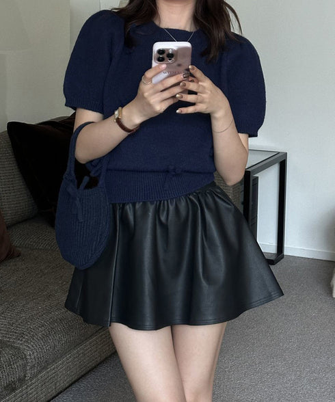 リボン付きニットトップスクルーネック夏服 レディース 大人可愛いニットセーター コンパクト 半袖ニットソー 韓国風 ニットトップ パフスリーブ 着やせ夏トップス 24TPS-088