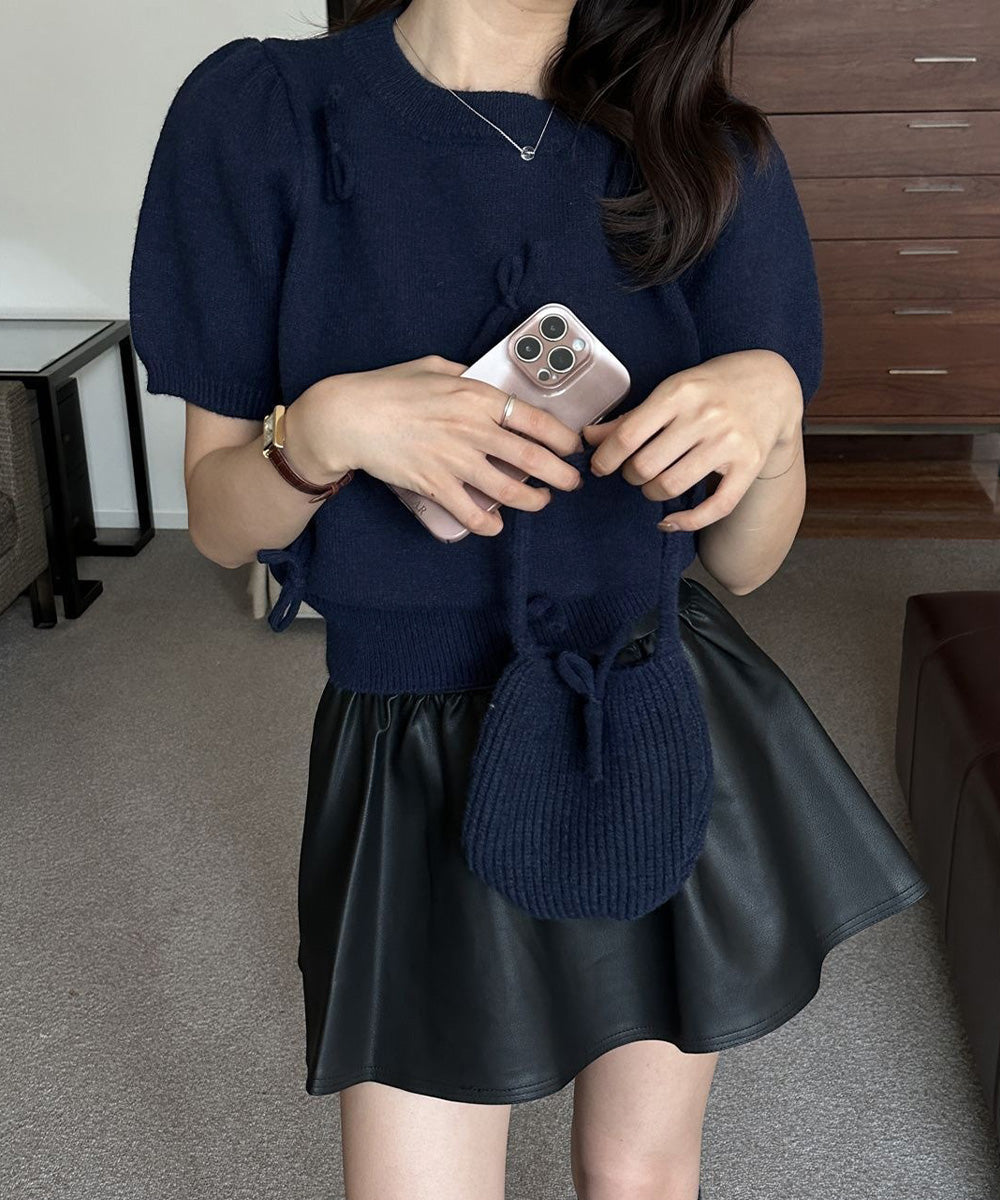 リボン付きニットトップスクルーネック夏服 詳細画像15