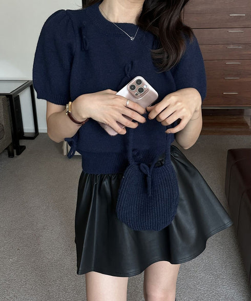 リボン付きニットトップスクルーネック夏服 レディース 大人可愛いニットセーター コンパクト 半袖ニットソー 韓国風 ニットトップ パフスリーブ 着やせ夏トップス 24TPS-088