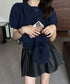 リボン付きニットトップスクルーネック夏服 レディース 大人可愛いニットセーター コンパクト 半袖ニットソー 韓国風 ニットトップ パフスリーブ 着やせ夏トップス 24TPS-088