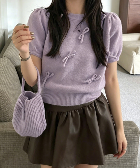 リボン付きニットトップスクルーネック夏服 レディース 大人可愛いニットセーター コンパクト 半袖ニットソー 韓国風 ニットトップ パフスリーブ 着やせ夏トップス 24TPS-088