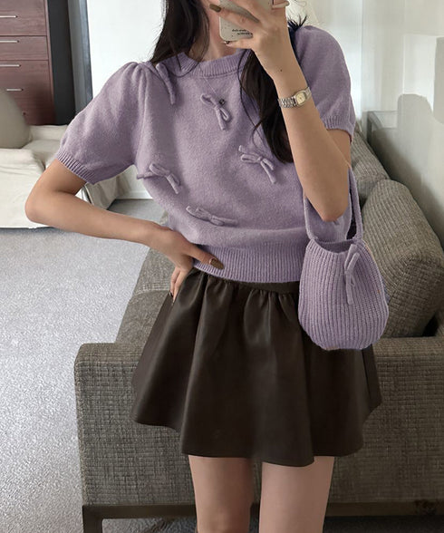 リボン付きニットトップスクルーネック夏服 レディース 大人可愛いニットセーター コンパクト 半袖ニットソー 韓国風 ニットトップ パフスリーブ 着やせ夏トップス 24TPS-088