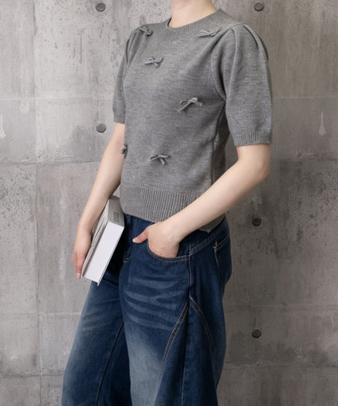 リボン付きニットトップスクルーネック夏服 レディース 大人可愛いニットセーター コンパクト 半袖ニットソー 韓国風 ニットトップ パフスリーブ 着やせ夏トップス 24TPS-088