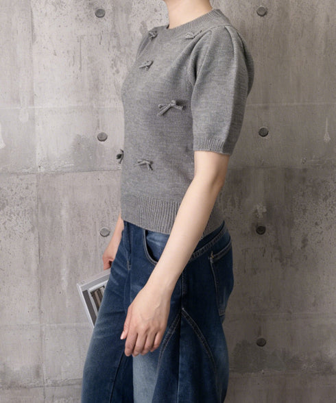 リボン付きニットトップスクルーネック夏服 レディース 大人可愛いニットセーター コンパクト 半袖ニットソー 韓国風 ニットトップ パフスリーブ 着やせ夏トップス 24TPS-088