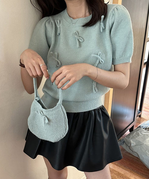 リボン付きニットトップスクルーネック夏服 レディース 大人可愛いニットセーター コンパクト 半袖ニットソー 韓国風 ニットトップ パフスリーブ 着やせ夏トップス 24TPS-088