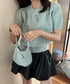 リボン付きニットトップスクルーネック夏服 レディース 大人可愛いニットセーター コンパクト 半袖ニットソー 韓国風 ニットトップ パフスリーブ 着やせ夏トップス 24TPS-088
