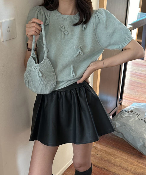 リボン付きニットトップスクルーネック夏服 レディース 大人可愛いニットセーター コンパクト 半袖ニットソー 韓国風 ニットトップ パフスリーブ 着やせ夏トップス 24TPS-088