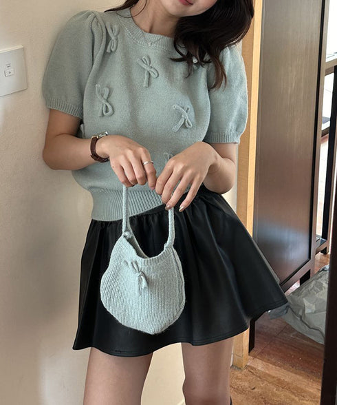 リボン付きニットトップスクルーネック夏服 レディース 大人可愛いニットセーター コンパクト 半袖ニットソー 韓国風 ニットトップ パフスリーブ 着やせ夏トップス 24TPS-088