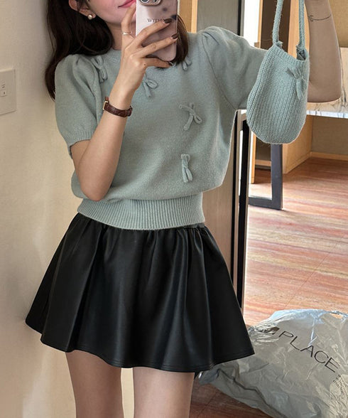 リボン付きニットトップスクルーネック夏服 レディース 大人可愛いニットセーター コンパクト 半袖ニットソー 韓国風 ニットトップ パフスリーブ 着やせ夏トップス 24TPS-088