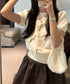 リボン付きニットトップスクルーネック夏服 レディース 大人可愛いニットセーター コンパクト 半袖ニットソー 韓国風 ニットトップ パフスリーブ 着やせ夏トップス 24TPS-088