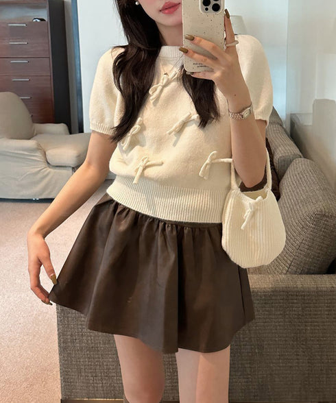 リボン付きニットトップスクルーネック夏服 レディース 大人可愛いニットセーター コンパクト 半袖ニットソー 韓国風 ニットトップ パフスリーブ 着やせ夏トップス 24TPS-088
