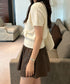 リボン付きニットトップスクルーネック夏服 レディース 大人可愛いニットセーター コンパクト 半袖ニットソー 韓国風 ニットトップ パフスリーブ 着やせ夏トップス 24TPS-088