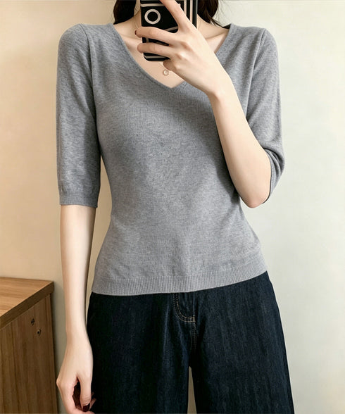 ニットトップス レディース 韓国風春夏服 vネック 5分袖サマーニット オフィスカジュアル ニットソー おしゃれ ニットプルオーバー 着やせ 大人通勤服 きれいめ 24TPS-089