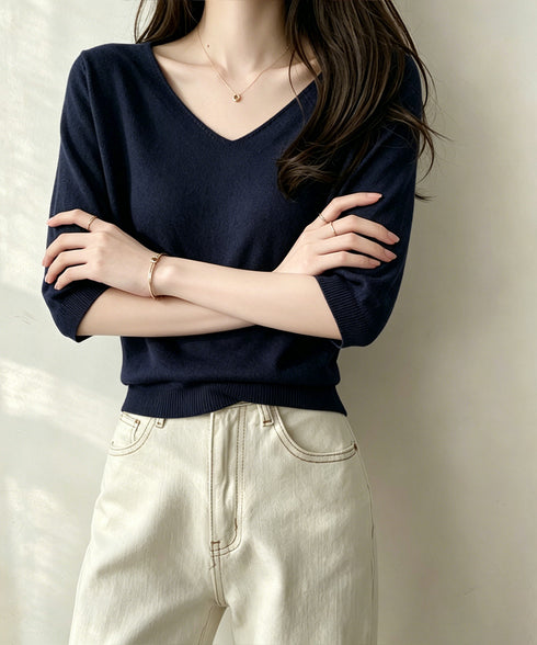 ニットトップス レディース 韓国風春夏服 vネック 5分袖サマーニット オフィスカジュアル ニットソー おしゃれ ニットプルオーバー 着やせ 大人通勤服 きれいめ 24TPS-089