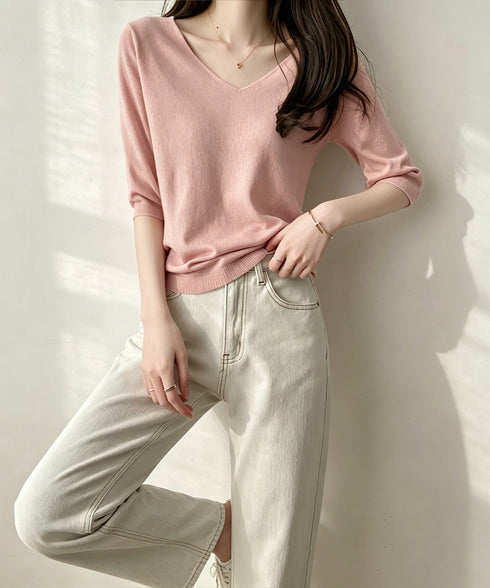 ニットトップス レディース 韓国風春夏服 vネック 5分袖サマーニット オフィスカジュアル ニットソー おしゃれ ニットプルオーバー 着やせ 大人通勤服 きれいめ 24TPS-089