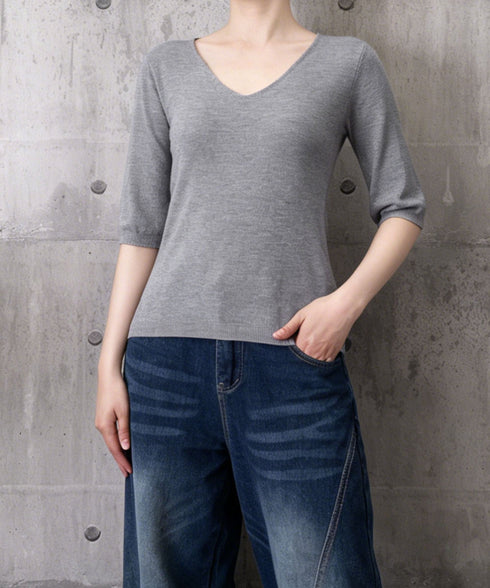 ニットトップス レディース 韓国風春夏服 vネック 5分袖サマーニット オフィスカジュアル ニットソー おしゃれ ニットプルオーバー 着やせ 大人通勤服 きれいめ 24TPS-089