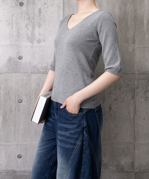 ニットトップス レディース 韓国風春夏服 vネック 5分袖サマーニット オフィスカジュアル ニットソー おしゃれ ニットプルオーバー 着やせ 大人通勤服 きれいめ 24TPS-089